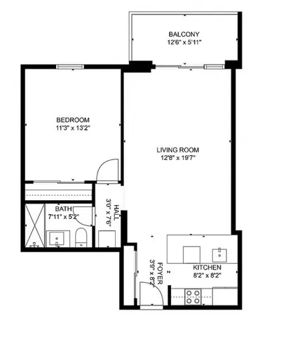 Charming apartment floor plan with a spacious bedroom, open living room, modern kitchen, and a cozy balcony.