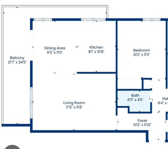 Modern floor plan with spacious balcony, open living and dining area, well-equipped kitchen, cozy bedroom, and compact bath.