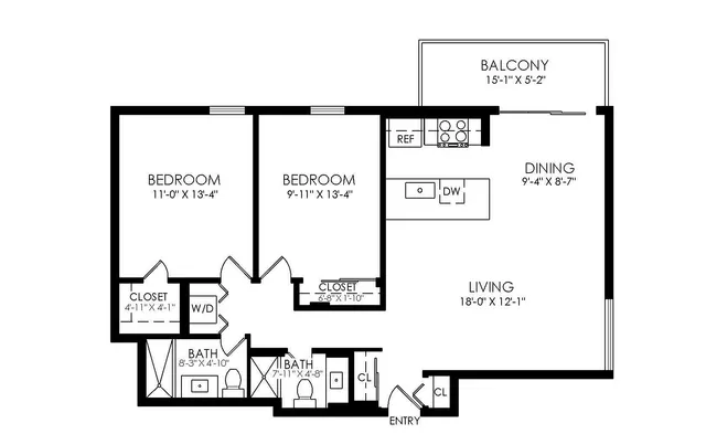 Elegant floor plan of The Grove on York, showcasing two spacious bedrooms, a modern open living and dining area, and a cozy balcony. Unit #602 offers 890 sq ft of stylish living space.