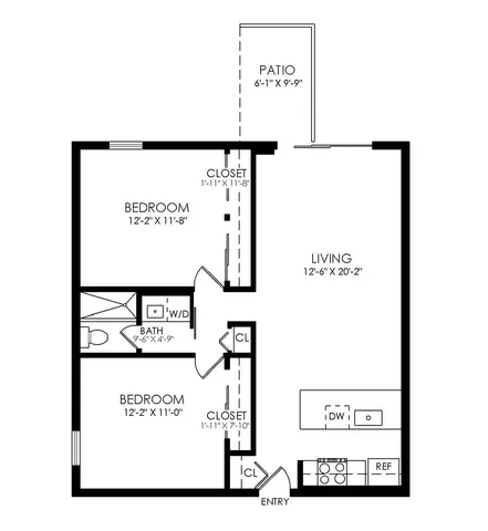 Inviting floor plan at The Grove on York, featuring 2 bedrooms, open living space with kitchen, and a cozy patio, spanning 795 sq ft.