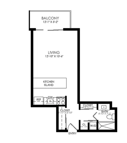 Modern floor plan of The Grove on York, showcasing a compact 400 sq ft unit with a living area, kitchen island, balcony, and a well-designed bathroom.