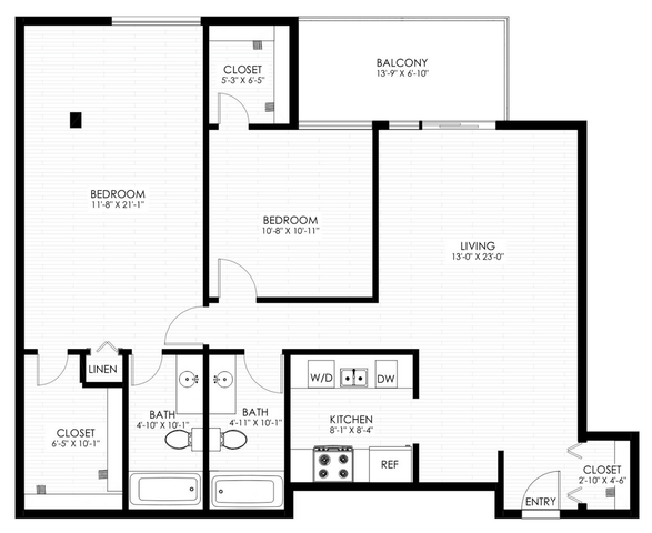 Modern floor plan featuring 2 spacious bedrooms, a large living area with balcony access, and a well-equipped kitchen.