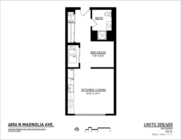 Modern efficiency apartment floor plan at 4806 N Magnolia Ave, featuring a cozy bed nook, efficient kitchen/living area, and a stylish bathroom.