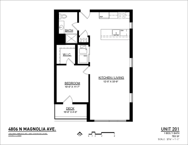 Contemporary floor plan for Unit 201 featuring 1 bedroom, spacious kitchen and living area, and a deck, totaling 783 sq ft at 4806 N Magnolia Ave.