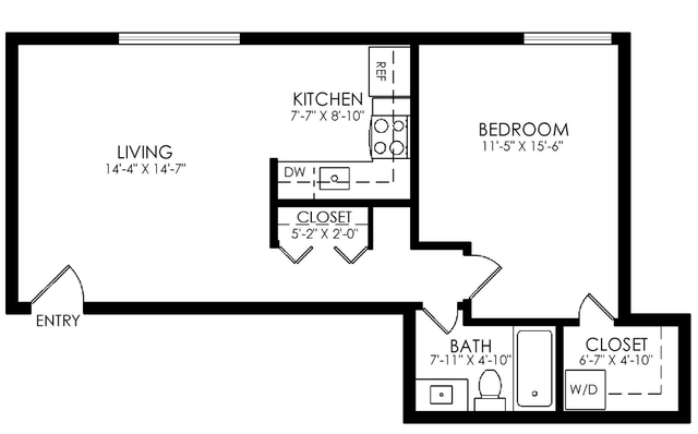 Modern floor plan showcasing a spacious living area, an efficient kitchen, one bedroom, and a luxurious bathroom, complete with ample storage and a convenient closet space.