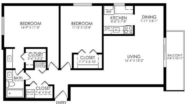 Modern floor plan showcasing two spacious bedrooms, a stylish kitchen, and open-concept living and dining areas leading to an inviting balcony.