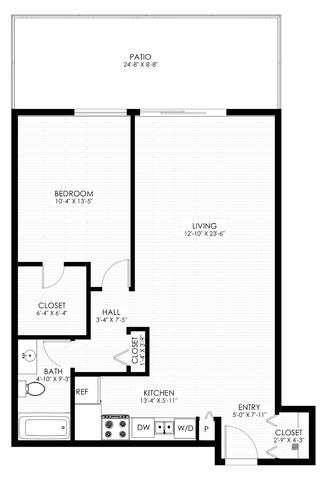 Modern floor plan showcasing 1 bedroom and spacious living area with kitchen, bath, and large patio, ideal for stylish living.