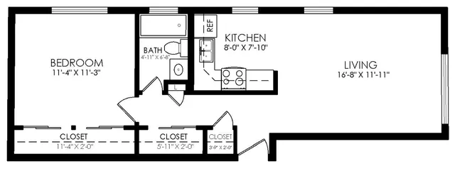 Modern apartment floor plan featuring a spacious living room, cozy bedroom, sleek kitchen, stylish bath, and ample closet space.