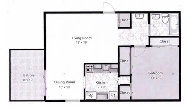 Inviting floor plan showcasing 1 bedroom, a spacious living room, cozy dining area, functional kitchen, and a relaxing balcony.