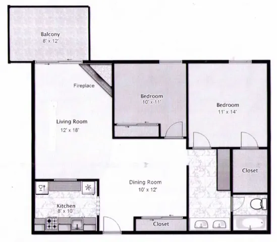 Charming floor plan with two spacious bedrooms, cozy living room with fireplace, elegant dining area, modern kitchen, and a sunny balcony.