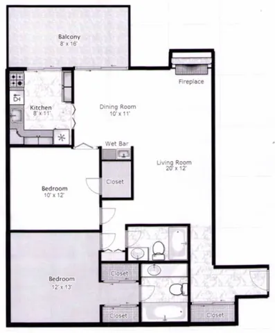 Elegant floor plan featuring two bedrooms, spacious living room with fireplace, modern kitchen, and private balcony.