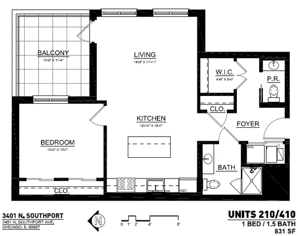 Modern floor plan showcasing 1 bedroom, open kitchen, living area, and spacious balcony. Includes 1.5 baths and a walk-in closet, covering 831 sq ft.