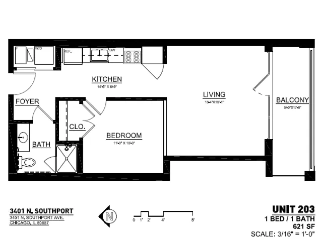 Chic urban floor plan of Unit 203 featuring 1 bedroom and 1 bath with a spacious living area and modern kitchen, plus a private balcony at 621 sq ft in Chicago.