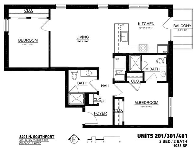 Chic floor plan for Units 201/301/401 featuring 2 bedrooms, 2 baths, an expansive living area, modern kitchen, and balcony, totaling 1088 sq ft in Chicago.
