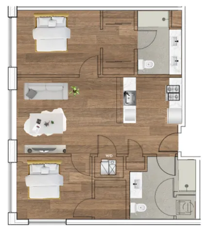 Modern floor plan showcasing 2 spacious bedrooms, a stylish open-concept living area, and a sleek kitchen with hardwood floors.