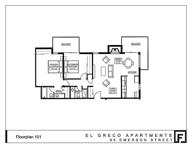 El Greco Apartments floor plan 101 with 2 bedrooms, spacious living room, modern kitchen, dining area, and dual balconies on Emerson Street.