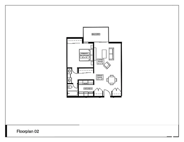 Inviting floor plan showcasing a spacious living room, cozy primary bedroom, modern kitchen, and private balcony.