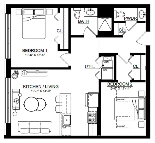 Chic floor plan showcasing two spacious bedrooms, open kitchen and living area, and modern utilities layout.