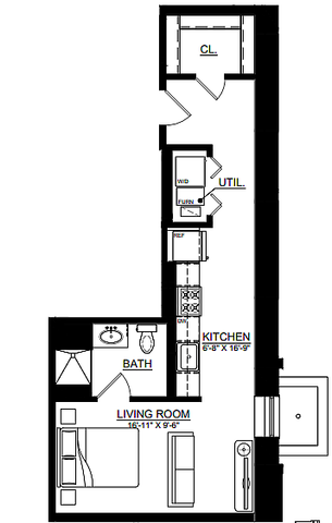 Modern floor plan featuring a spacious living room, fully equipped kitchen, and a dedicated utility area.