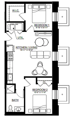 Modern floor plan featuring 2 bedrooms, an open kitchen and living area, utility space, and a stylish bathroom.