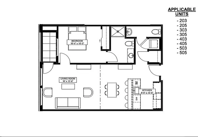 Modern floor plan displaying a spacious one-bedroom apartment with an open living area, sleek kitchen, and well-designed bathroom. Applicable units 203-505.