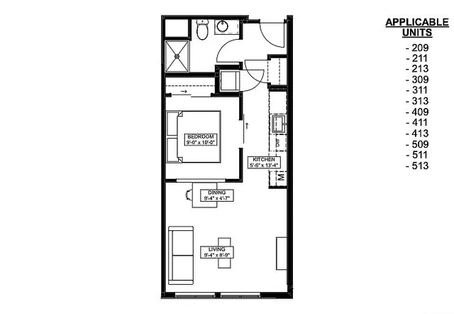 Modern 1-bedroom apartment floor plan featuring a cozy living area, efficient kitchen, and dining space with convenient layout, applicable to units 209 to 513.