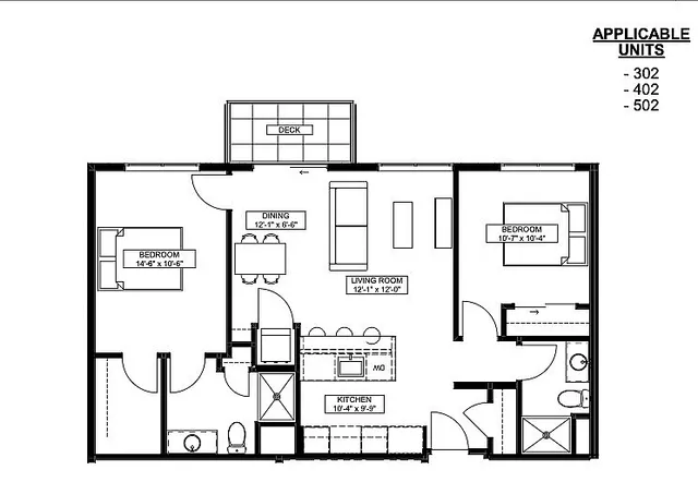 Modern 2-bedroom floor plan with open living room, dining area, and a spacious deck, ideal for units 302, 402, and 502.
