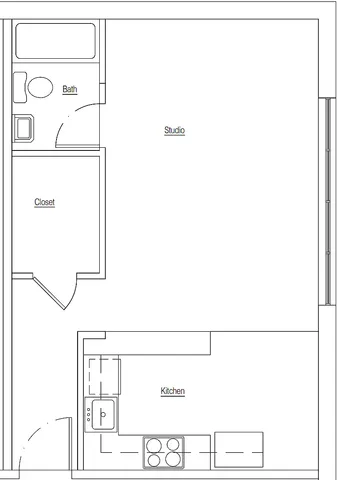 Contemporary studio floor plan featuring a spacious open area, modern kitchen, bath, and walk-in closet.