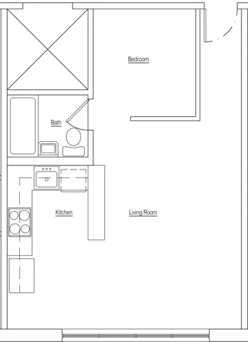 Inviting floor plan showcasing a cozy bedroom, modern bath, and open kitchen-living room layout.