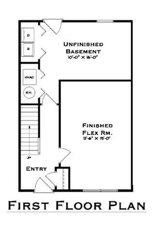 First floor plan featuring an unfinished basement and a finished flex room with entryway.
