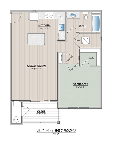 1-bedroom apartment floor plan featuring a spacious great room, kitchen, bath, and deck.
