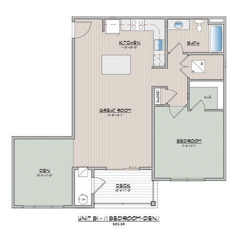 Sleek 2D floor plan featuring a spacious bedroom, great room, kitchen, bathroom, den, and deck.