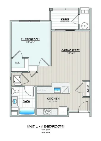 Efficient 1-bedroom floor plan featuring a master bedroom, spacious great room, and a sleek kitchen layout.