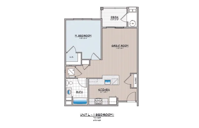 Floor plan of a modern one-bedroom unit featuring a great room, kitchen, bath, and deck.