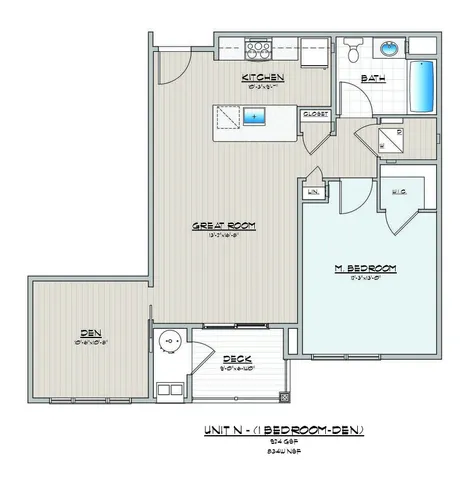 Detailed floor plan showing 1 bedroom, a cozy den, great room, and a functional kitchen.