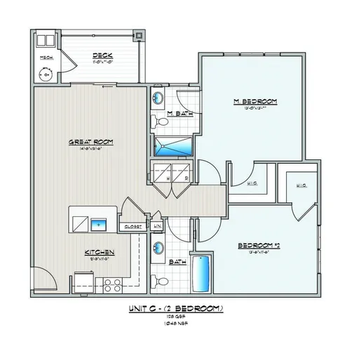 Charming floor plan of Unit C with 2 bedrooms, spacious great room, and modern kitchen.