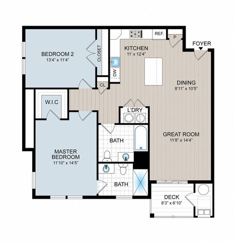 Contemporary floor plan showcasing 2 bedrooms, open kitchen, and expansive living area with deck access.