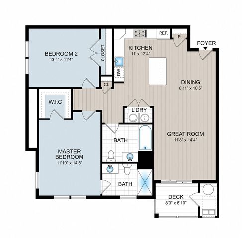 Detailed floor plan showcasing 2 bedrooms, great room, kitchen, dining area, and deck.