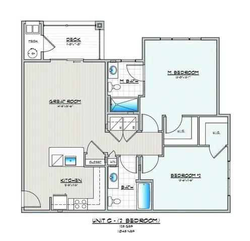 Elegant 2-bedroom floor plan with a spacious great room and private deck.
