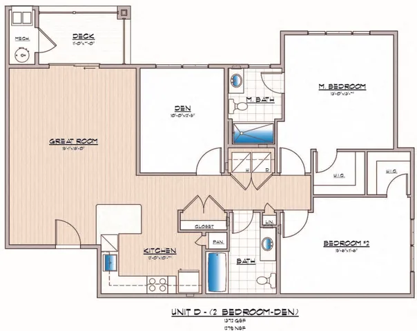 Detailed floor plan of a 2-bedroom apartment with a den, great room, kitchen, and two bathrooms.