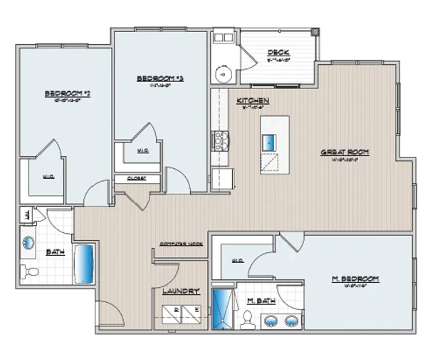 Floor plan showcasing 3 bedrooms, a great room, kitchen, and two bathrooms with a deck.