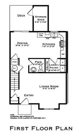 Elegant first floor plan featuring a spacious living room, modern kitchen with dining area, deck with storage shed, and convenient laundry and pantry space.