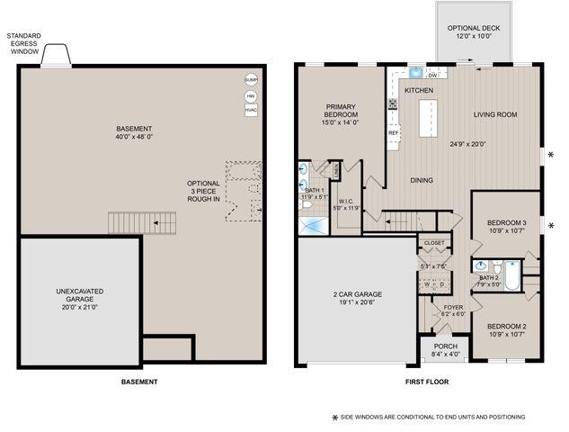 Elegant floor plan featuring 3 bedrooms, open living room, and modern kitchen with optional deck access; includes spacious basement and dual garage space for optimal living.