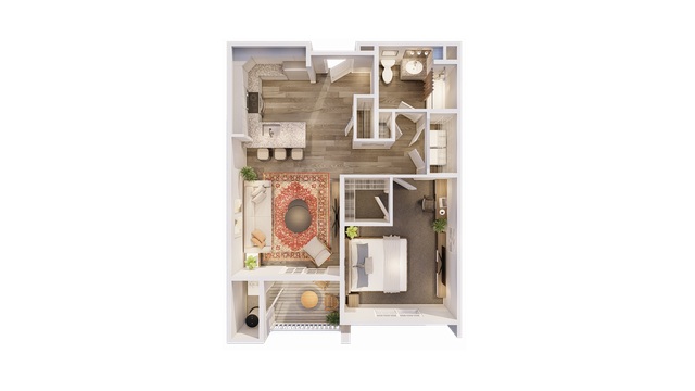 Elegant floor plan showcasing a cozy 1-bedroom layout with an open-concept kitchen and living area, stylish bathroom, and private balcony.
