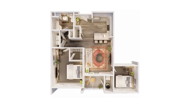 Modern 3D floor plan featuring two cozy bedrooms, elegant open-concept living room with a vibrant carpet, stylish kitchen with island seating, and a private balcony.