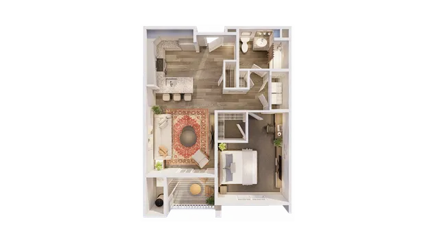 Chic floor plan featuring a spacious bedroom, modern kitchen with island, open-concept living area with a stylish rug, and a cozy balcony. Ideal for contemporary living.