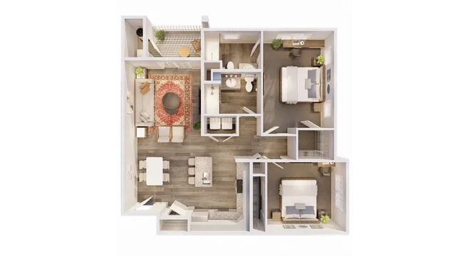 Modern 2D floor plan showcasing 2 bedrooms, a cozy living area, a stylish open kitchen, and a private balcony.