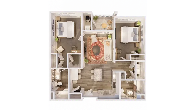 Bright and inviting 3D floor plan showcasing two spacious bedrooms, a cozy living room with a vibrant rug, modern kitchen, and dual bathrooms. Features open-concept layout perfect for seamless living.