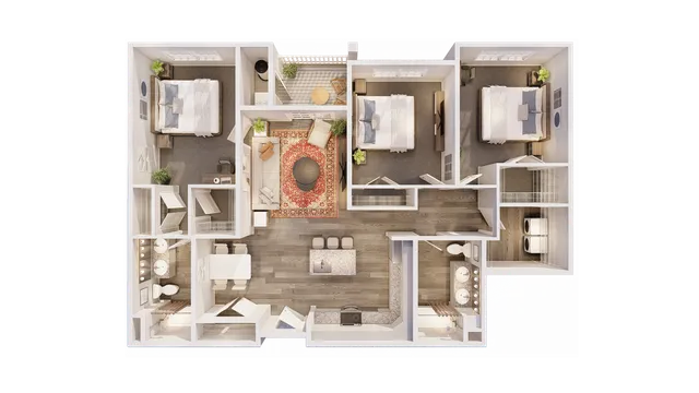 Charming 3D floor plan showcasing 2 spacious bedrooms, a cozy open living room with elegant decor, a modern kitchen with an island, and a peaceful balcony retreat.