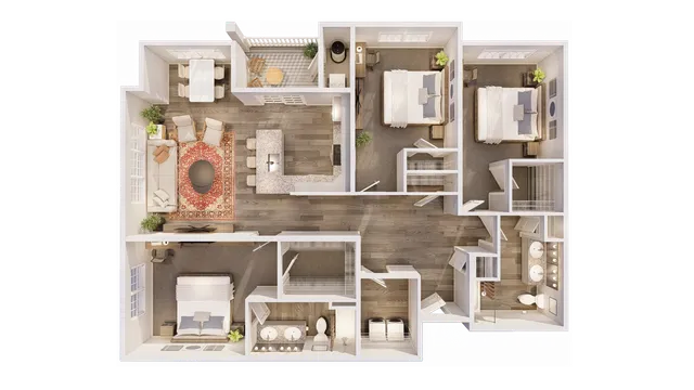 Bright 3D floor plan showcasing 3 bedrooms, elegant open-plan living and dining area, and a modern kitchen with a breakfast bar.
